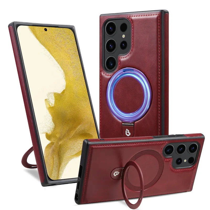 Luxury Magnetic Bracket PU Leather Phone Case, For Samsung Galaxy Series S25 S24 S23 S22 Ultra Magsafe Wireless Charging Case