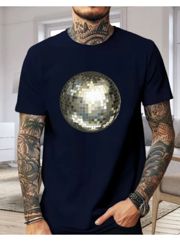 Retro Silver Shiny Disco Ball Graphic Mens Cotton Short Sleeve Tee 70s 80s Dance Party Club Music Lover Casual Street Daily Tops