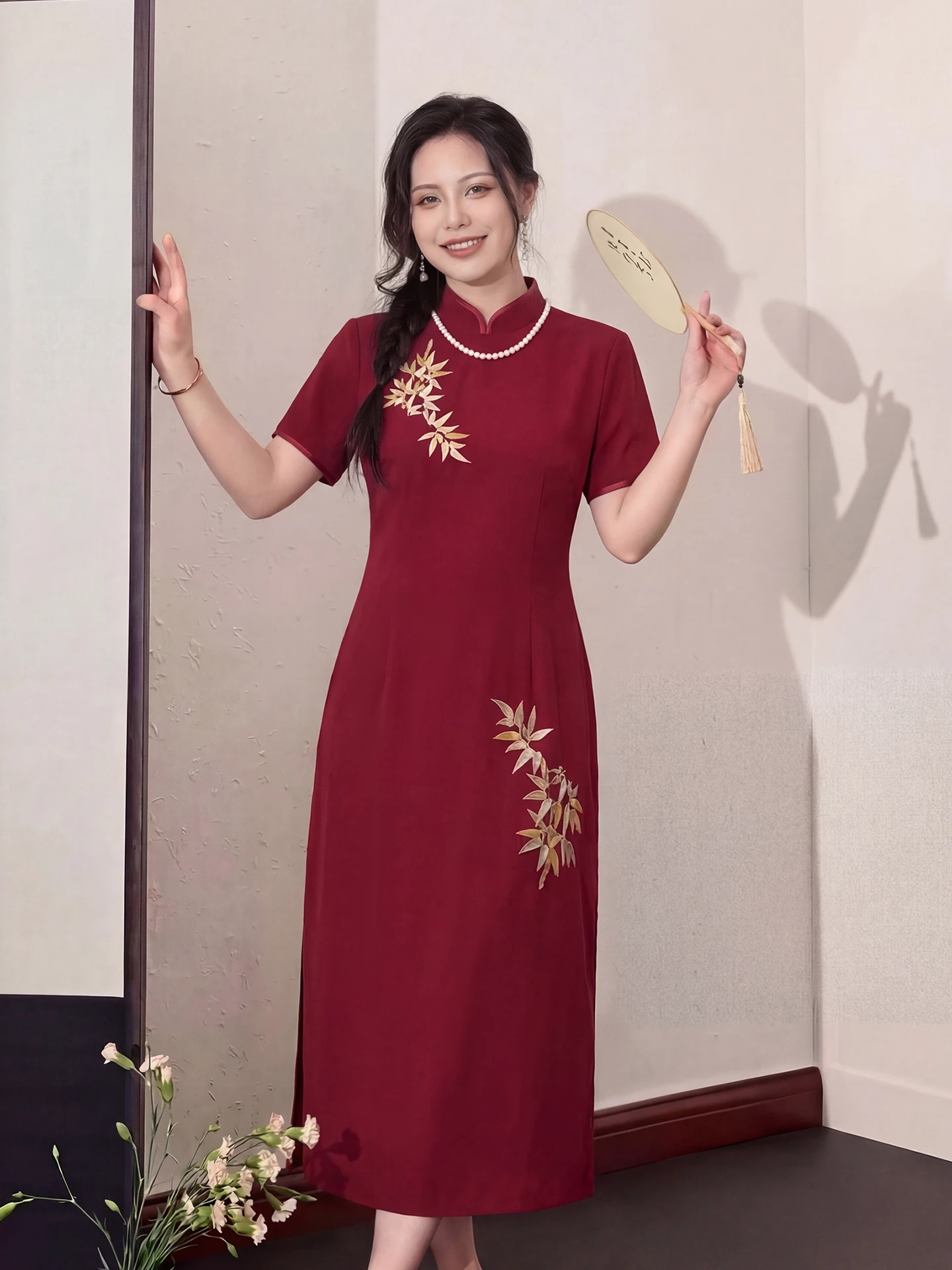 

Dave's plus Size Women's Red Wine Qipao Dress Summer New Chinese Style Reformed Return Marriage Drinking Ceremony Dress