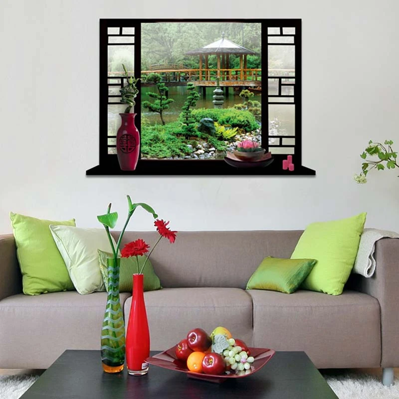 Occident Style Fake Window Vinyl Stickers Green Garden Scenery 3D Wall Art Mural for Home Decorations Landscape Poster Wallpaper