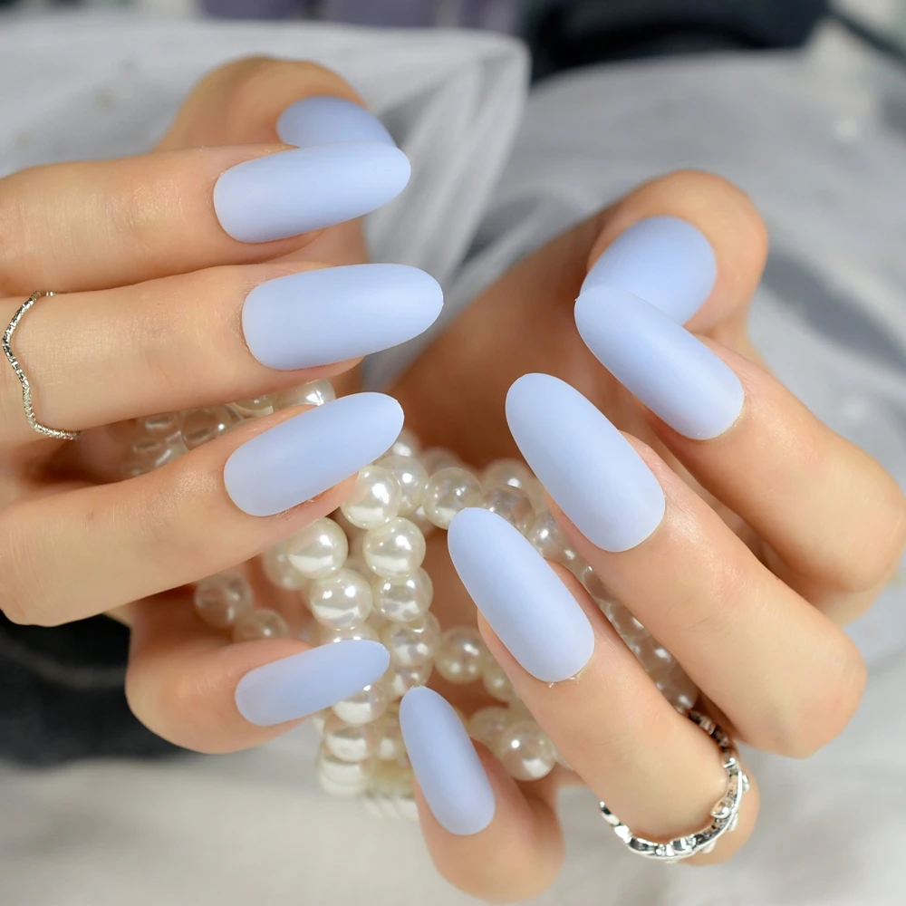 Matte Sky Blue Nail Art Tips Salon Quality Super Long Oval False Nails Fashion Fairy Pre-designed Nails