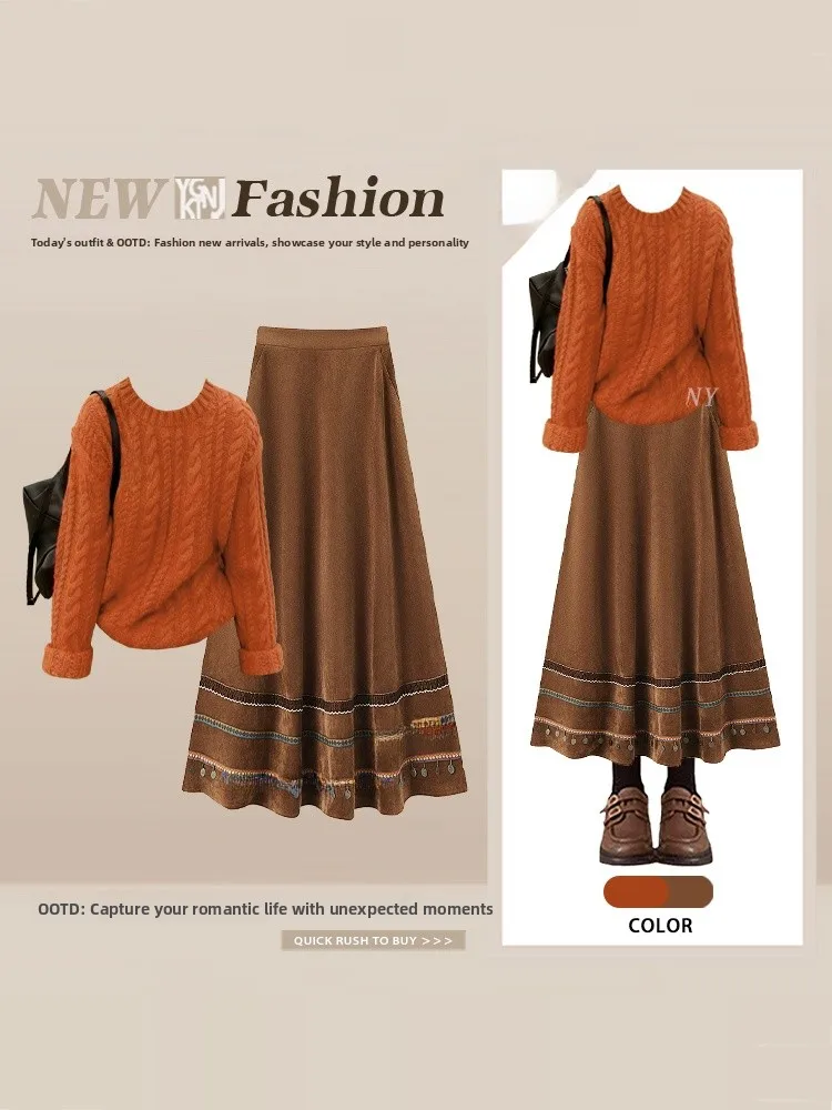 Retro aalyptische oranje twist gebreide trui dames herfst winter ontwerp sensatie geborduurd f rok bovenkleding twee-pi...