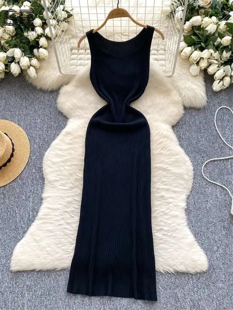 Babyoung sexy kniiting chique vestidos femininos sem mangas o pescoço bodycon sólido magro de alta qualidade elástico básico longo vestido tanque