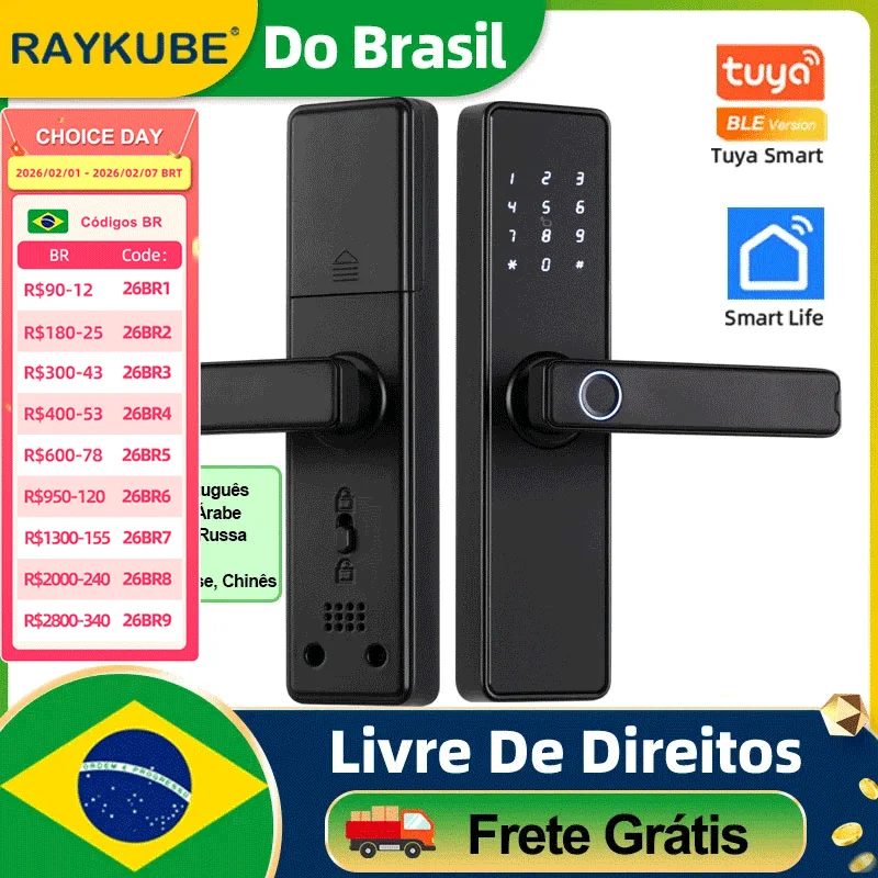 Do Brasil RAYKUBE K20 Tuya Bluetooth 9 idiomas Fechadura de porta com impressão digital Fechadura eletrônica com aplicativo Tuya/cartão/código/desbloqueio de chave
