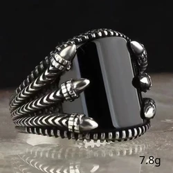 European and American Retro Pattern Black Curved Gemstone Ring For Men's Punk Fashion Ring