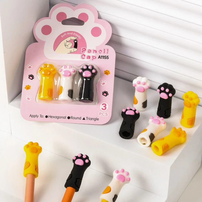 3Pcs Kawaii Cat Pencil Cap Cartoon Silicone Ballpoint Pen Caps Topper Pencil Cover For Kids Extender Stationery School Supplies