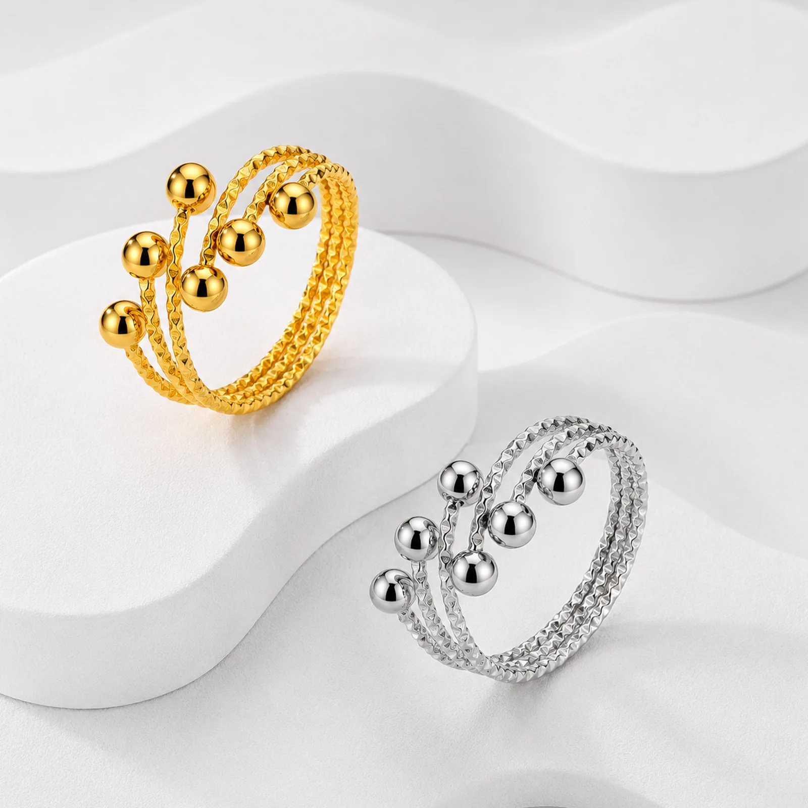 Unique Design Three Layers Corrugated 304 Stainless Steel Rings for Women Round Ball Open Adjustable Statement Finger Jewelry