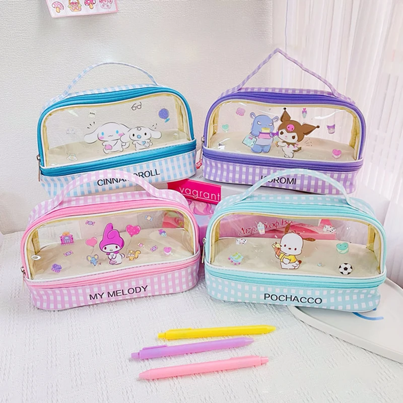 

Cute MINISO Hello Kitty Large Transparent Pencil Case Anime My Melody Kuromi Portable Handbag Storage Bag Girls Cosmetic Bag