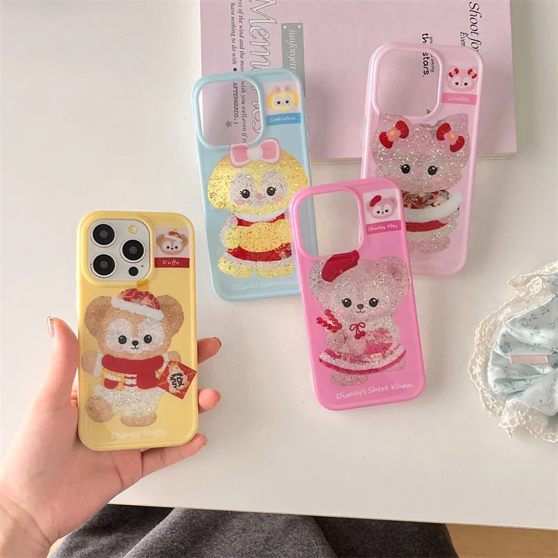 Disney Luxury Cute Duffy LinaBell ShellieMay Bling Glitter Phone Case For iPhone 13 14 15 16 Pro Max Pink Cartoon Protect Cover