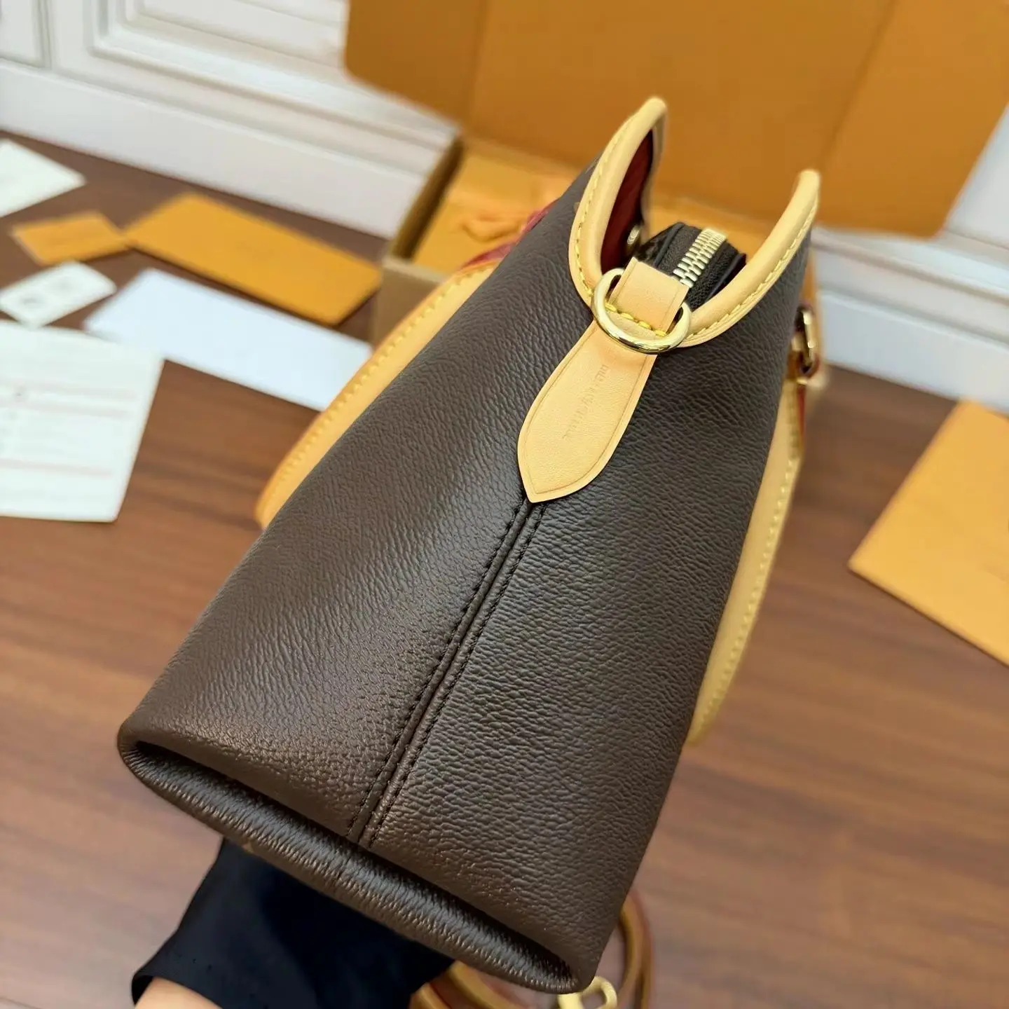 Dark Brown Pebble Leather Zipper Tote Bag, Luxury Multi-Way Handbag