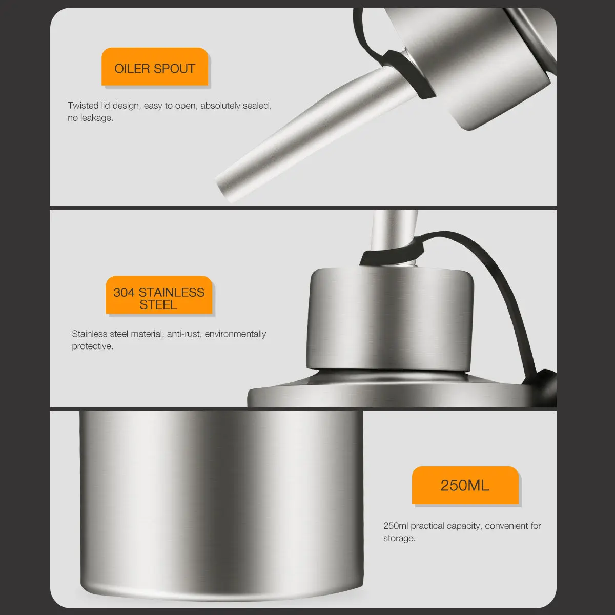 1Pcs Stainless Steel Oiler Vinegar Sauce Bottle 250Ml Leak-Proof Cooking Condiment Container Kitchen Oil Bottle
