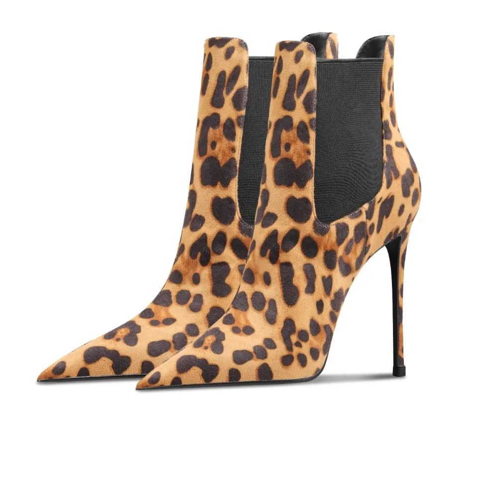 

Замшевые ботильоны с леопардовым принтом, женские осенне-зимние модные ботинки на шпильке с острым носком 2024 года