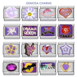 GEMOSA Purple Flower Star Unicorn Crystal Italian Charm Link Fit 9mm Bracelets Stainless Steel DIY Making Fashion Jewelry