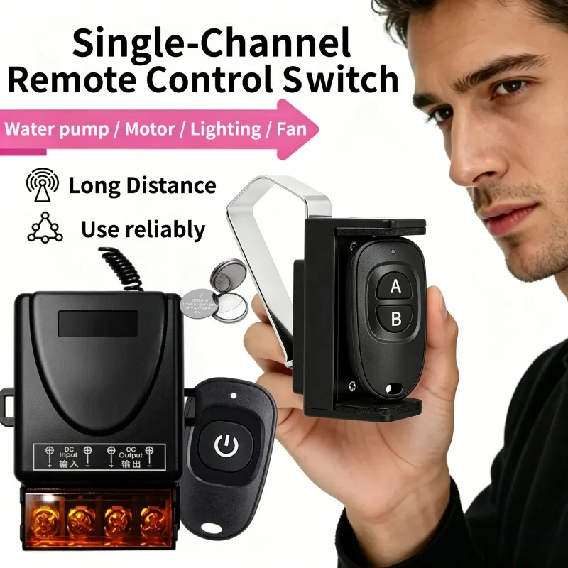433MHz Wireless Remote Control Switch DC 9-75V 12V 24V 10A Relay 1-Channel Receiver Controller 2-Button Garage Door Transmitter