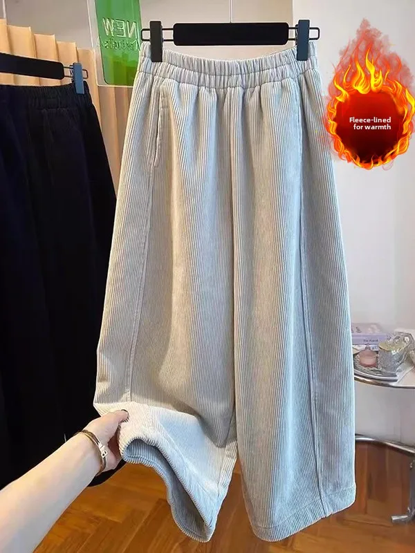 

New 2025 Women's plus Size Corduroy Pants Warm Fce Loose Wide Leg Straight Cut Color High Waist Autumn Winter Trousers