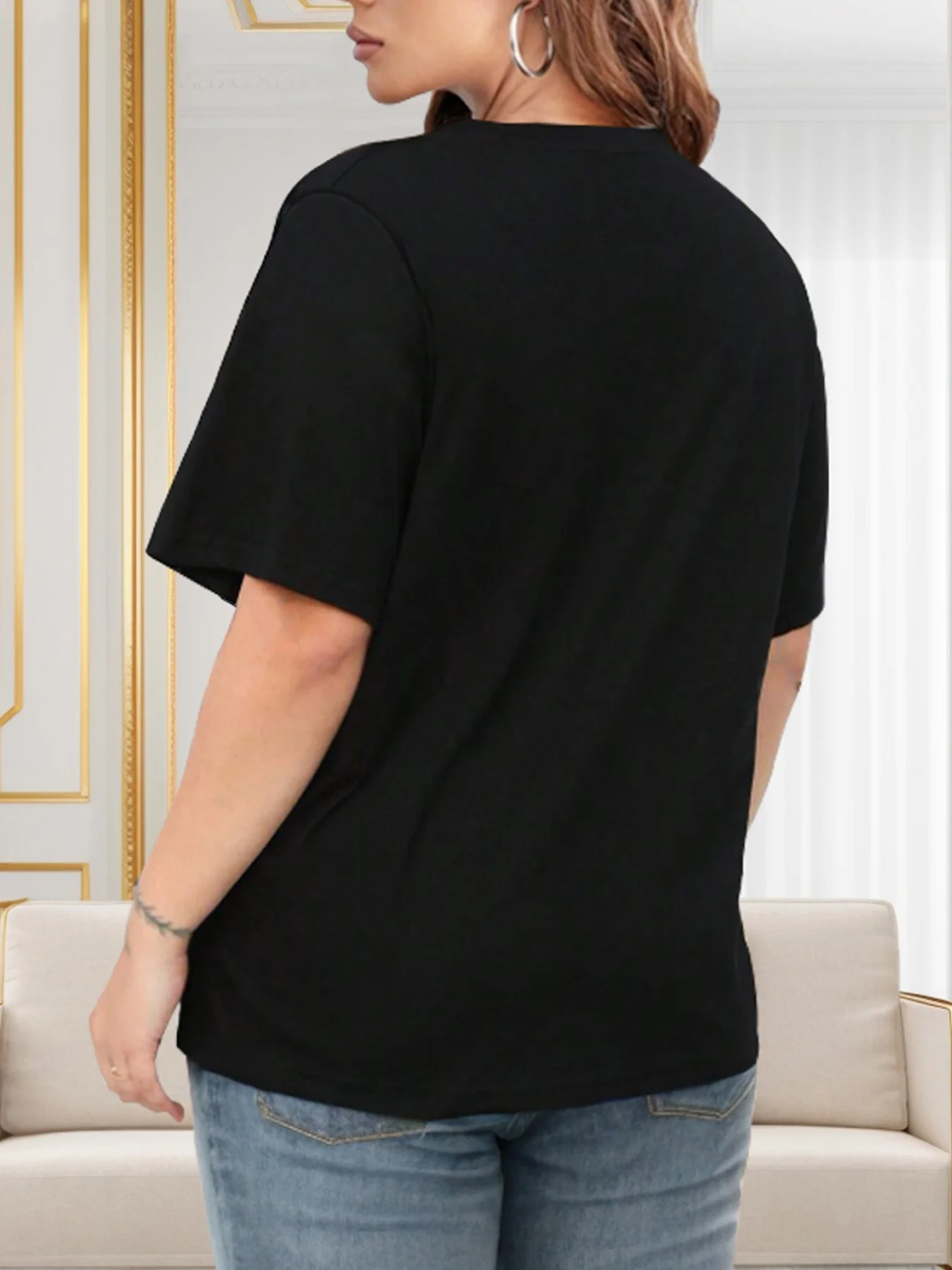 플러스 사이즈 체리 스컬 프린트 단색 티셔츠, 라운드넥 반팔 캐주얼 탑 (여름/봄), 여성 숄더 스타일