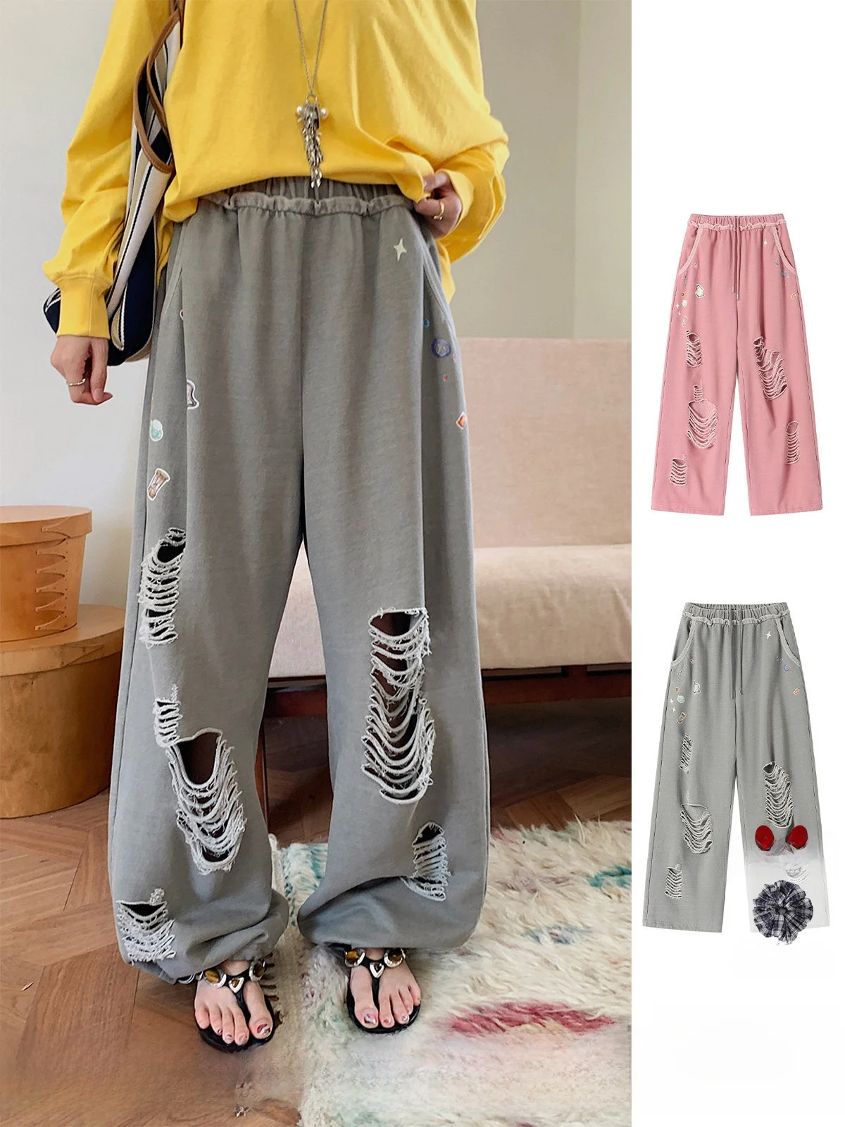

New REREK Weathered Stier Print Hole Casual Long Sweatpants DEARSOCUTE Buy Hand Store High Waist Straight Leg Cotton