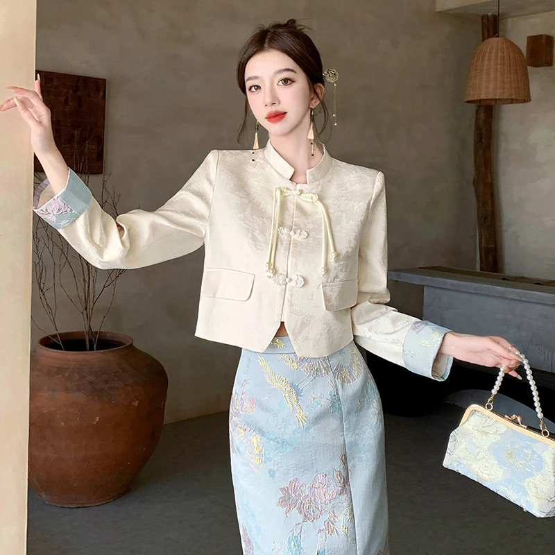 High Quality Chinese Style Autumn Office Ladies 2 Piece Set Elegant Women Chic Bow Buttons Crop Tops+Jacquard Pencil Skirt Suits