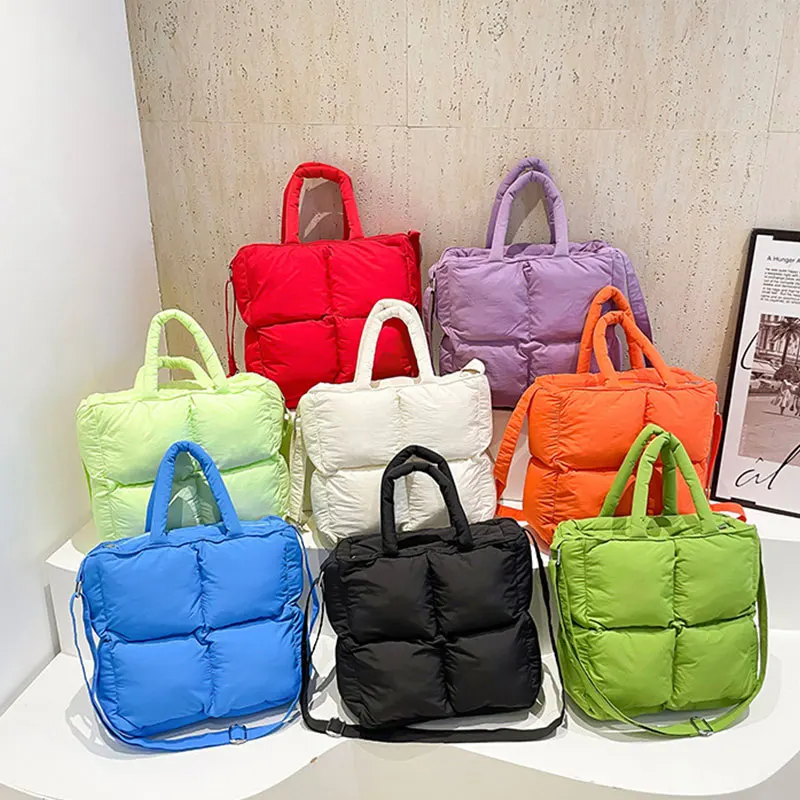 

Women Tote Handbag Quilted Plaid Bag Puffy Cotton Retro Trendy Checkered Shoulder Bag Solid Color Winter Soft Large Capacity Bag
