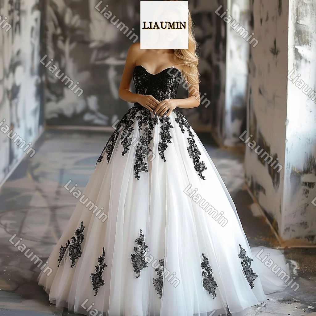 Hand Made White Tulle Black Lace Applique Full Length Strapless Lace Up Back Wedding Formal Evening Prom Dress Custom J5-1.10