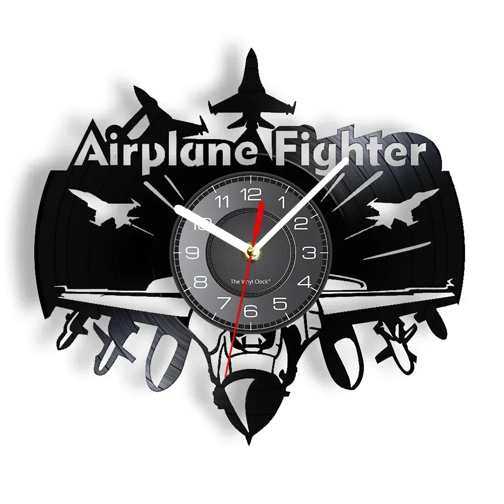 Airplane Fighter Vinyl Album Re-purposed Record Clock Fighter Aircraft Pilot Wall Watch with LED Illumination Vinyl Handicraft