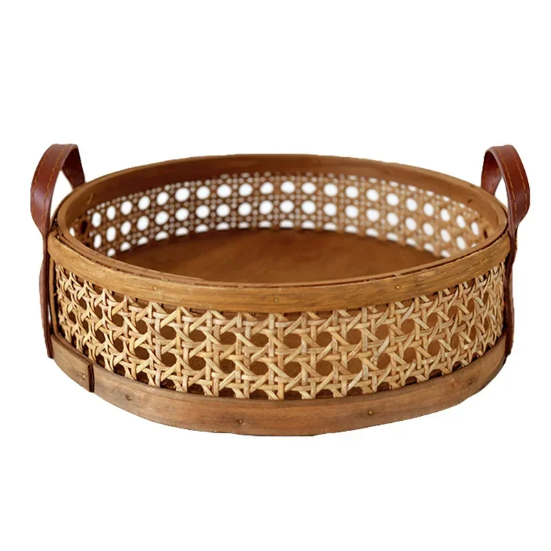 2024 Purely Handmade Round Storage Basket with Handles Natural Rattan Ins Style Cake Bread Tray Photo Storage Basket for Home