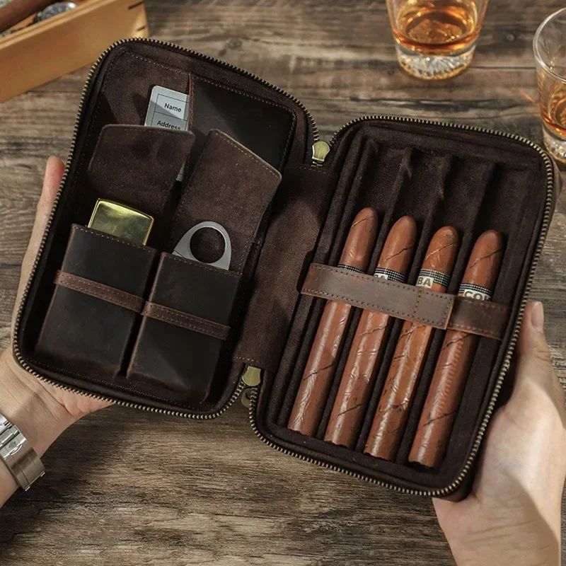 

Retro Horsepower Cigar Box 4 Cigars Handmade Wrist Zipper Outdoor Travel Cigar Set Storage Box Cigarette Box Holder Protable