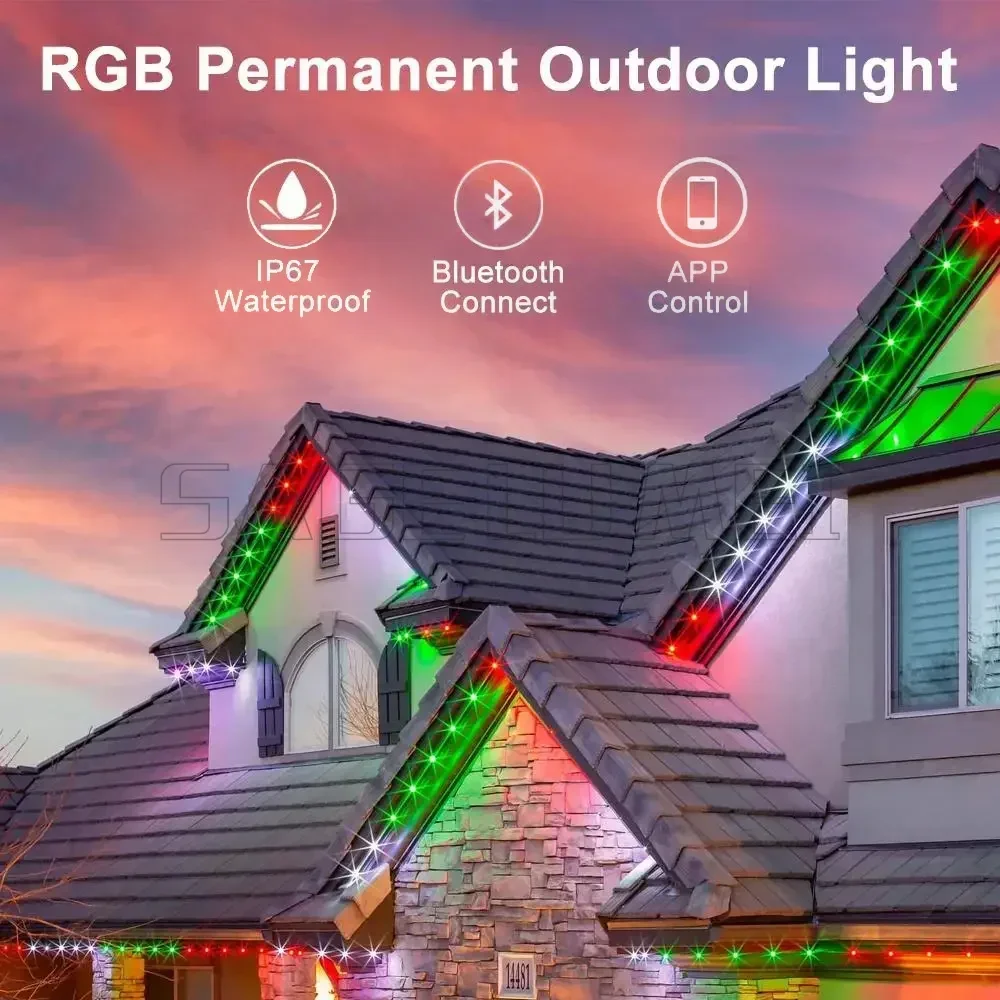 Energía Solar 15/20M luces permanentes para exteriores aplicación Bluetooth RGB tira de luz impermeable aleros luces Navidad iluminación de boda