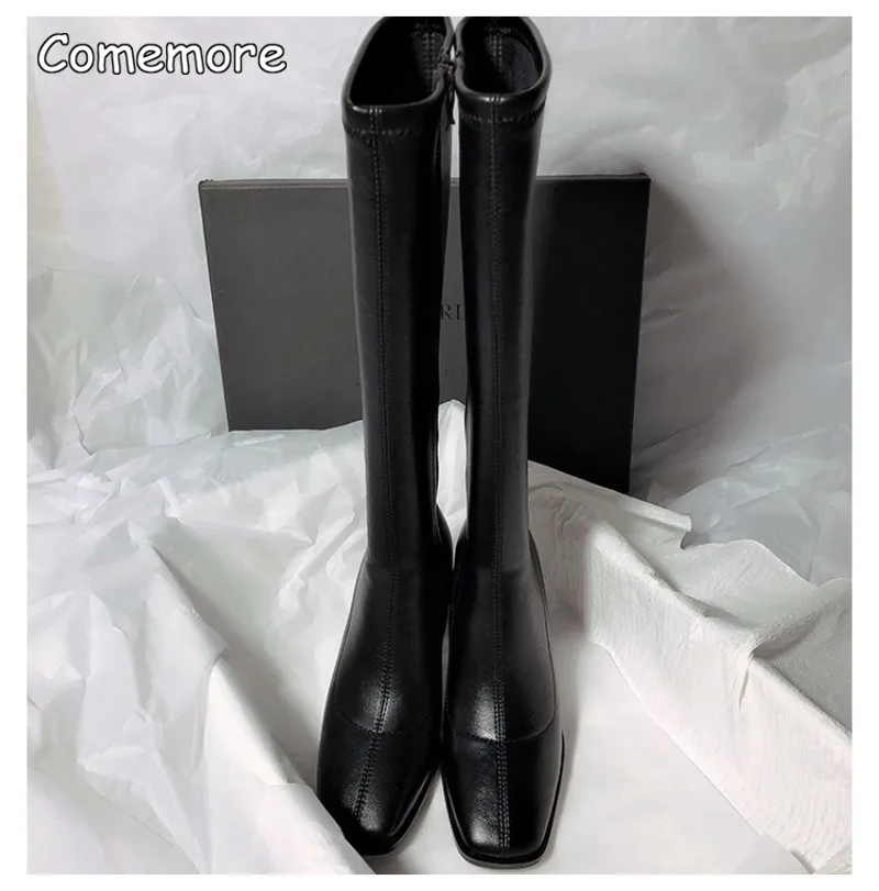 Comemore 2023 New High-heeled Tight Boots Simple But Knee-length Boot Square Head Female Fashion Ladies Shoes Luxury Sexy Heels