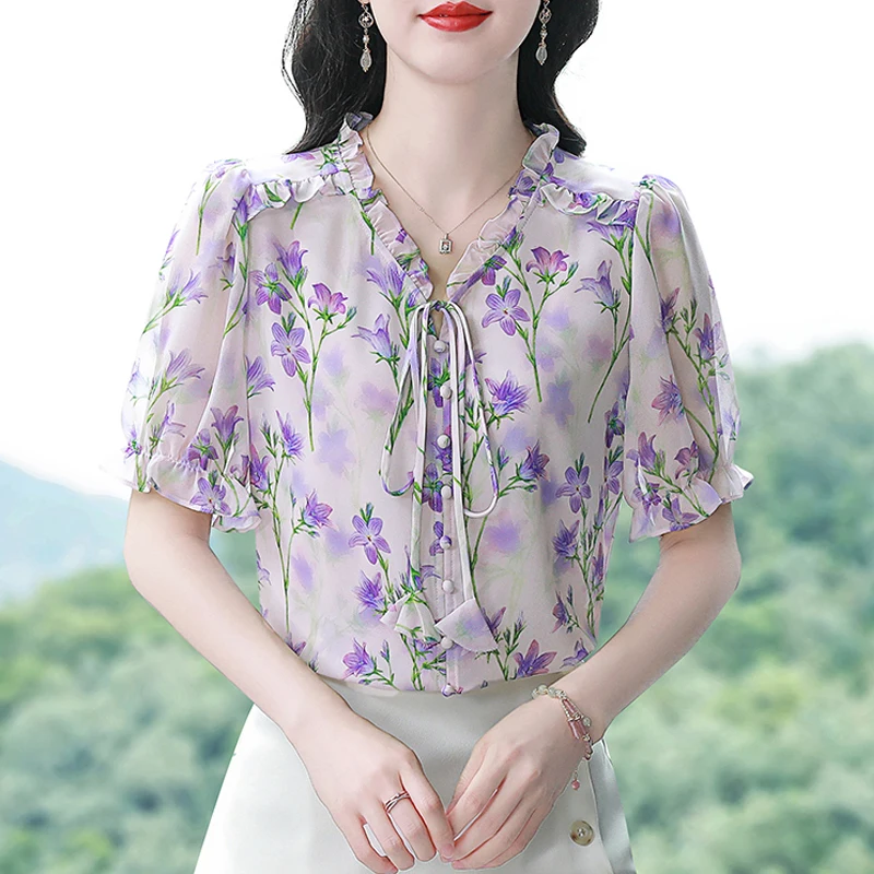 M-4XL 2024 Summer Chiffon Blouse New Short sleeved Floral Printed Shirt V neck Bow tie Women Tops