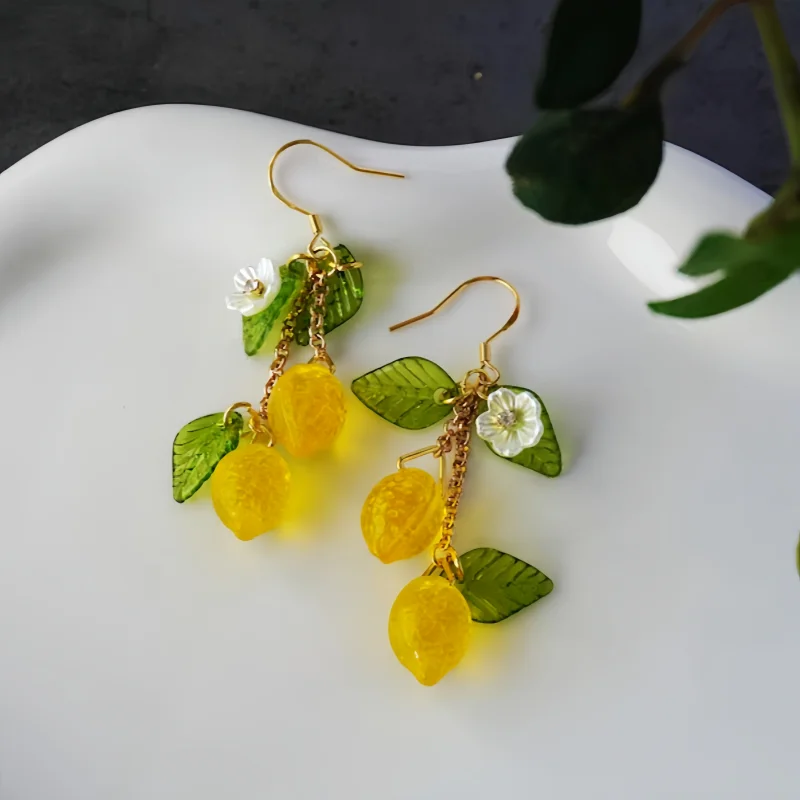 Czech glass lemon earrings，Light weight fruit food earrings can love Kawaii earrings Pastoral earrings for her birthday present