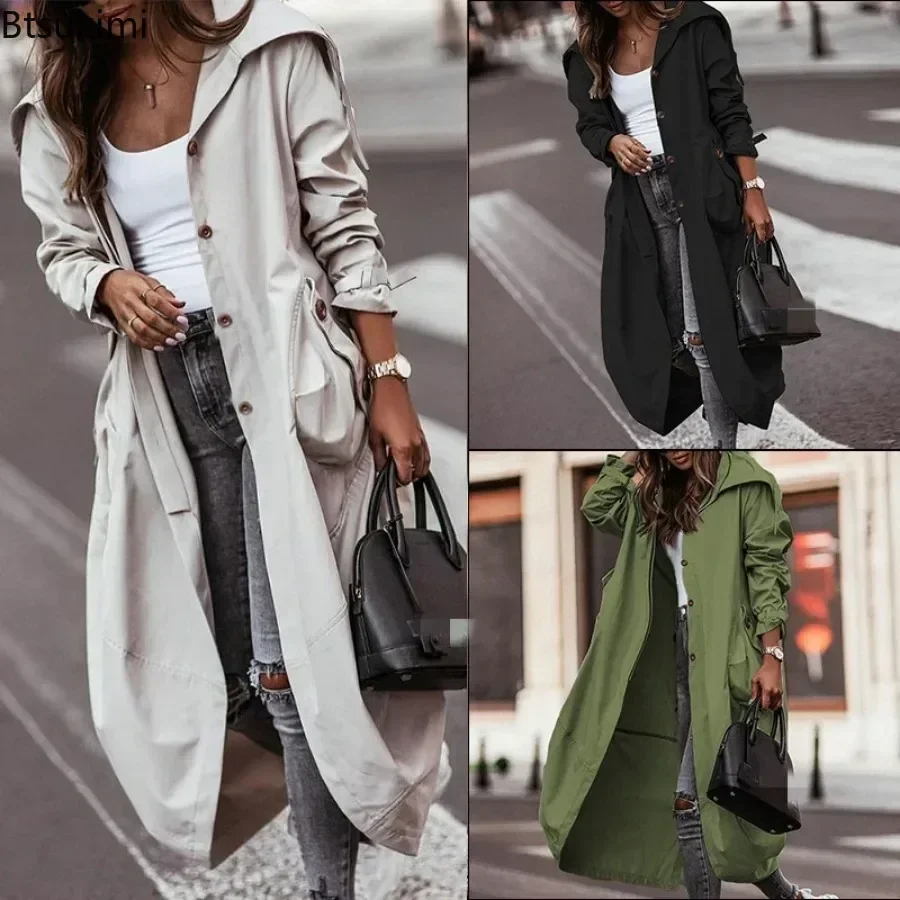 

Fashion New Women's Mid-length Trench Coats Solid Loose Single Breasted Casual Windproof Jackets Temperament Spring Autumn Coats