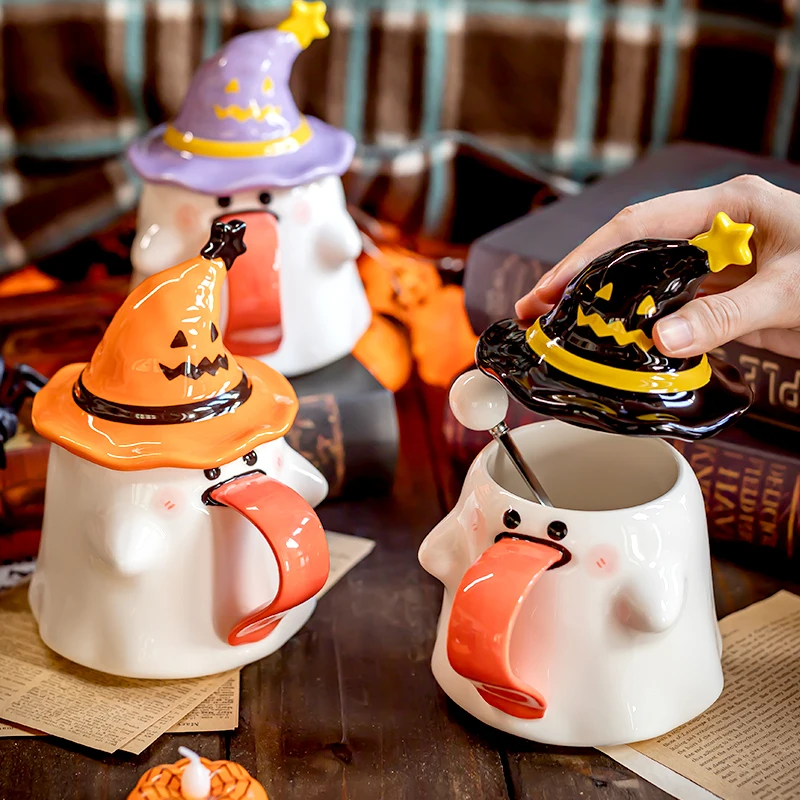 Cute and Quirky Ghost Mug for Women's Birthday Gift Practical Souvenir for Halloween Water Cup with Lid Ceramic Cup