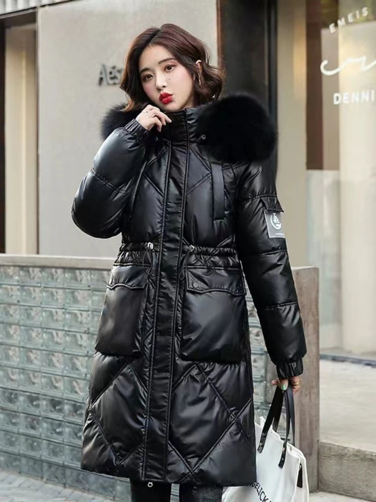 Parkas gruesas con capucha y bolsillos para mujer, abrigos largos elegantes de plumón, ropa de estilo coreano, chaqueta nueva para mamá, invierno,