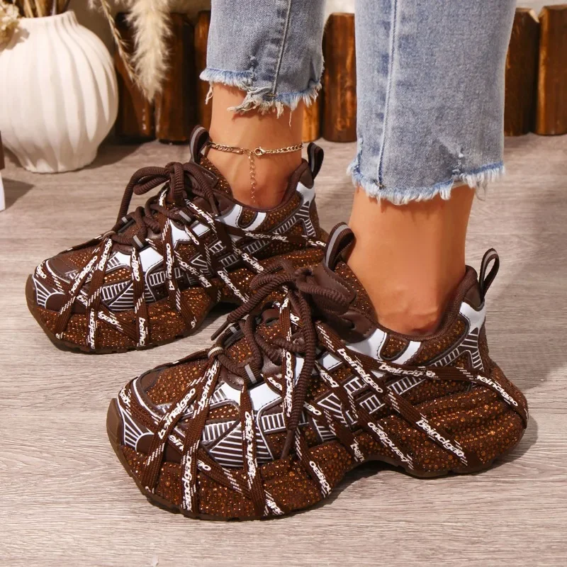 

Women's Comfortable Sports Casual Shoes Breathable Mesh Upper Thick Sole Dad Sneakers Luxury Rhinestone Anti Slip Running Shoes