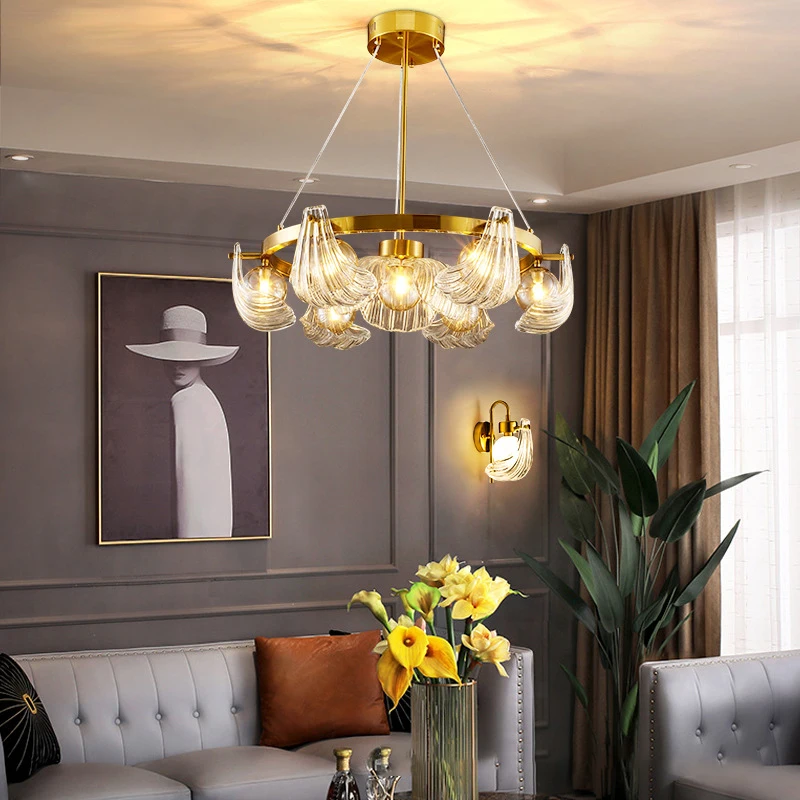 SANDYHA Luxury Shell Glass Chandeliers Creative LED Pendant Lamp for Living Room Bedroom Elegant Home Lighting Stylish