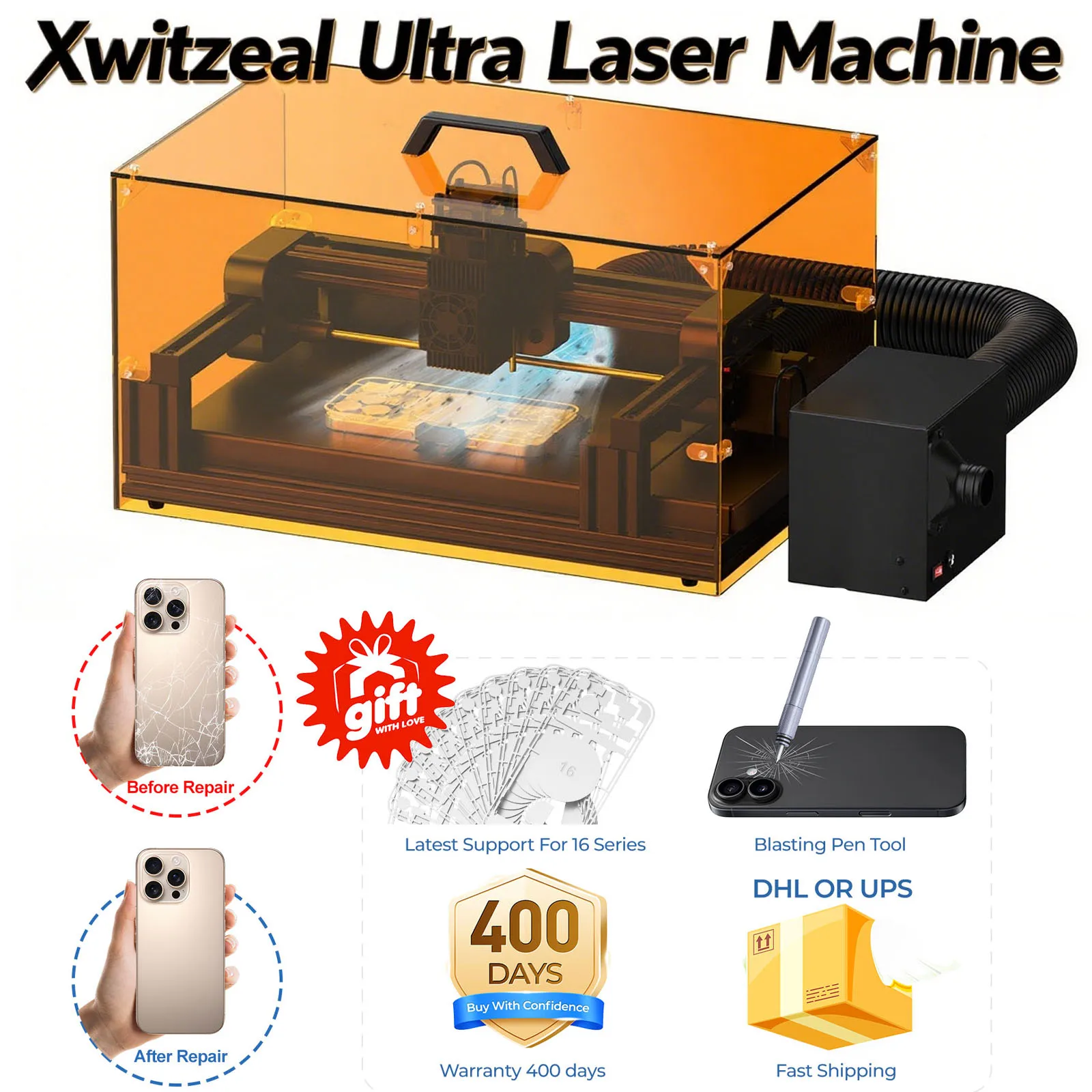 

Xwitzeal® Ultra Laser Machine for iPhone 8-16 Pro Max Back Glass Repair&Camera Len w/Housing Phone Repair Tools Set&Air Filter