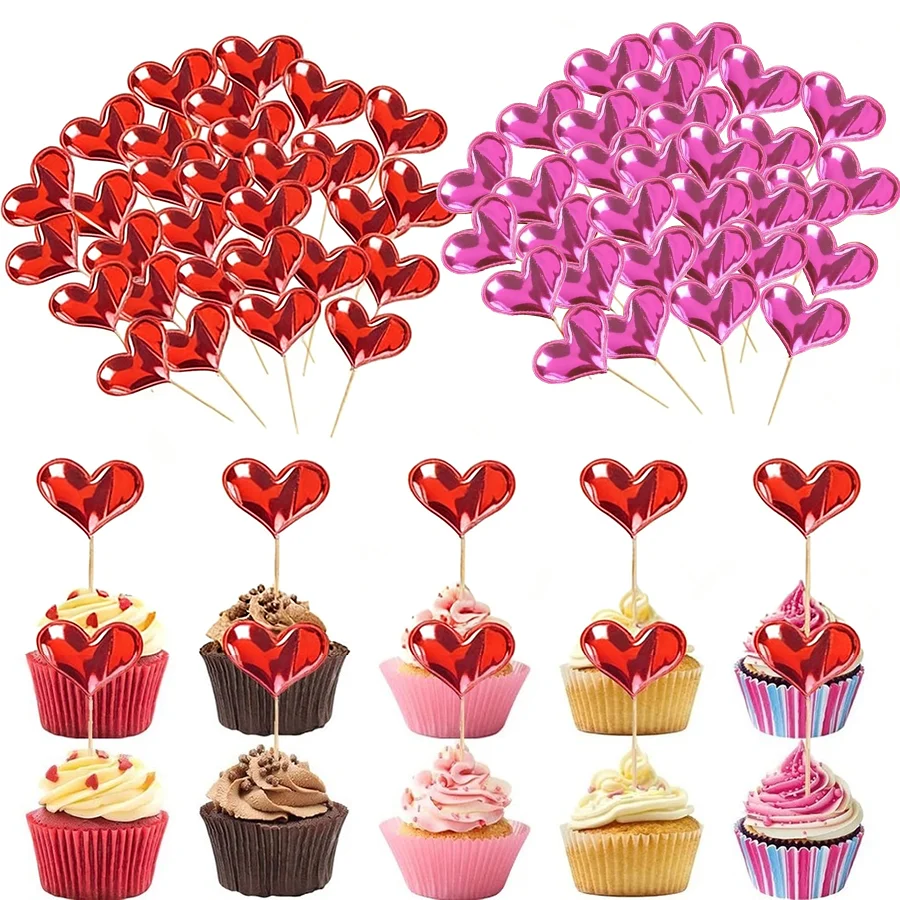 50/100 Uds. Adornos para cupcakes de corazón rojo, selecciones para cupcakes del Día de San Valentín, selecciones de comida de frutas y postre DIY para decoración de pastel de cumpleaños y boda