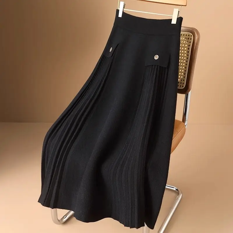 2024 Autumn Winter Pleated Skirt Women Elastic High Waist Knitted Skirt Pockets Woman Elegant Solid Color A-Line Skirts LJ164