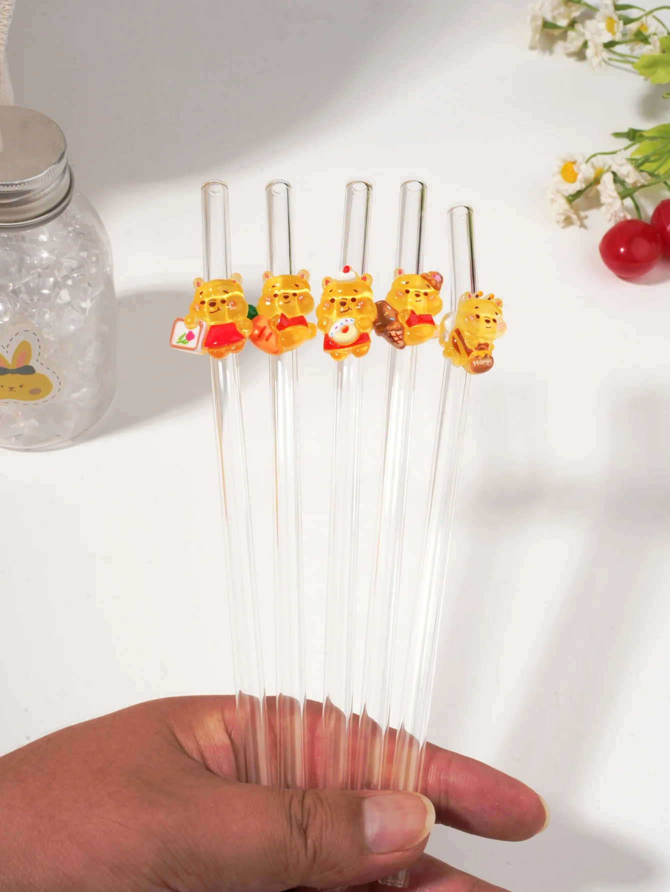 1/3/6pcs Macaron Yellow Bear Curved Glass Straw for Cold Beverages, Lip-Friendly Decor for Picnics, Parties & Holiday Gifts