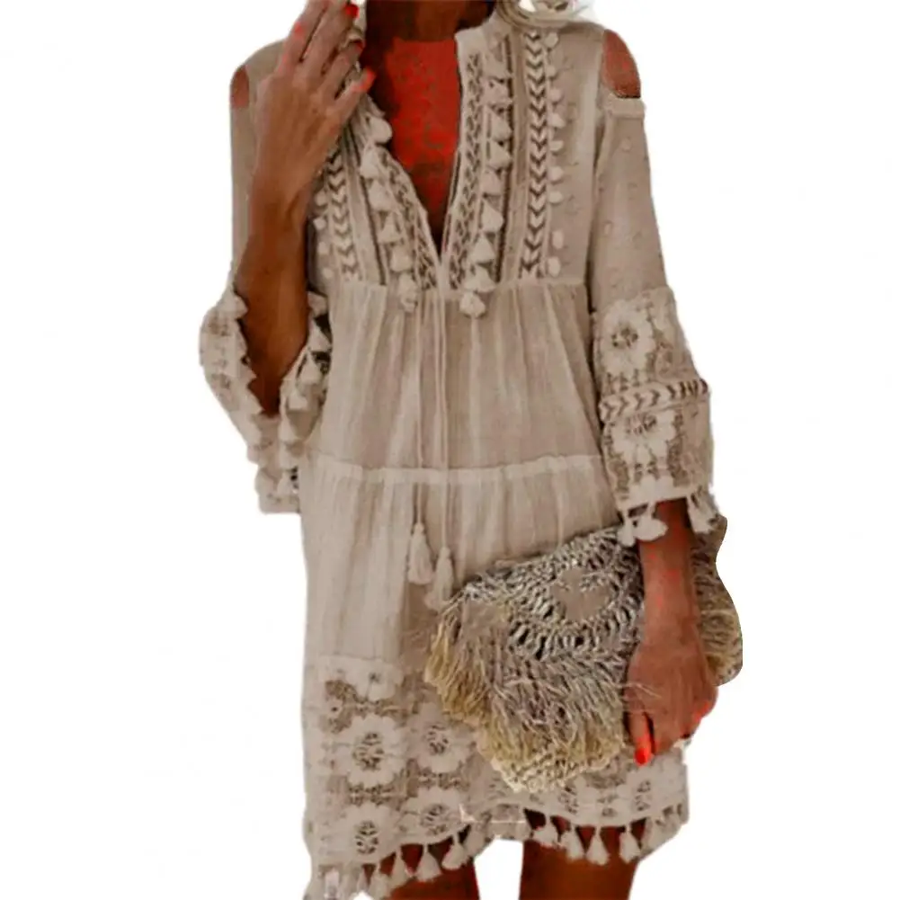 Robe en dentelle à franges à manches longues pour femmes, robe droite sexy, robe sans bretelles, col en V profond, robe d'été décontractée, robe de vacances Boho