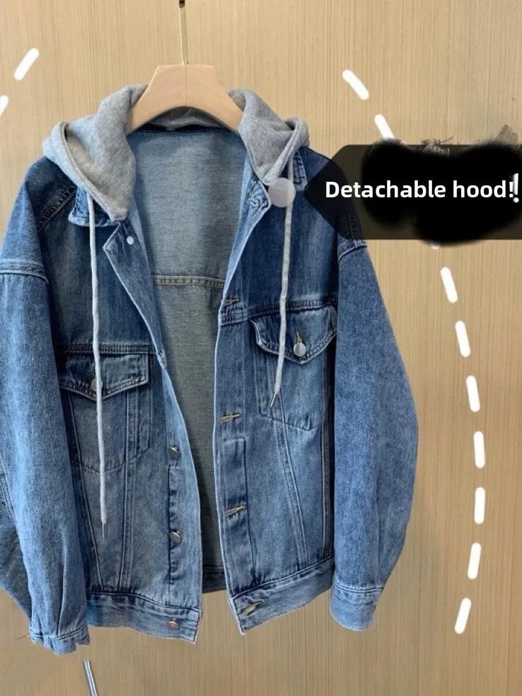 Loose Fit Korean Style Patchwork Hooded Denim Jacket Women's Autumn Winter New Fashion plus Size Hong Kong Style Top for plus...