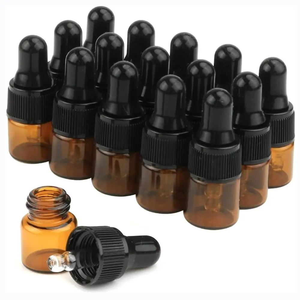 1/15Pcs with Black Cap Brown Amber Glass Dropping Bottles Round 1ml Empty Sample Travel Vials Essential Oils