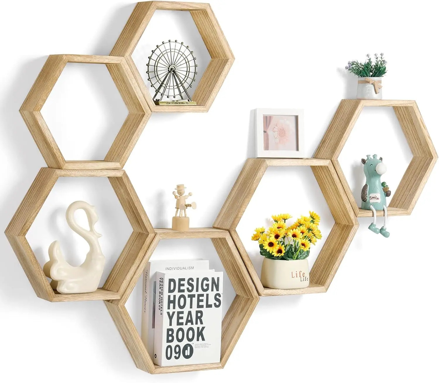 4pcs Hexagonal Floating Shelves Wall-Mounted Wooden Storage Honeycomb Rack for Home Decoration Wall Mounted Organizat