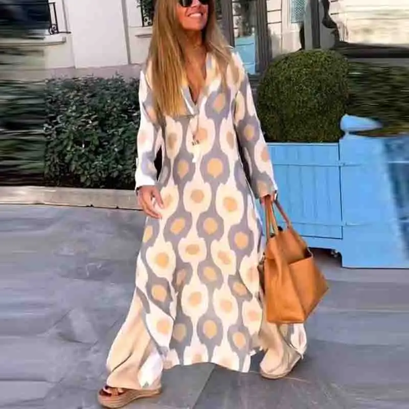 

Fashion Summer V Neck Print Long Dress Spring Casual Long Sleeve Pullover Loose Dress Women Elegant Vintage Beach Party Dresses