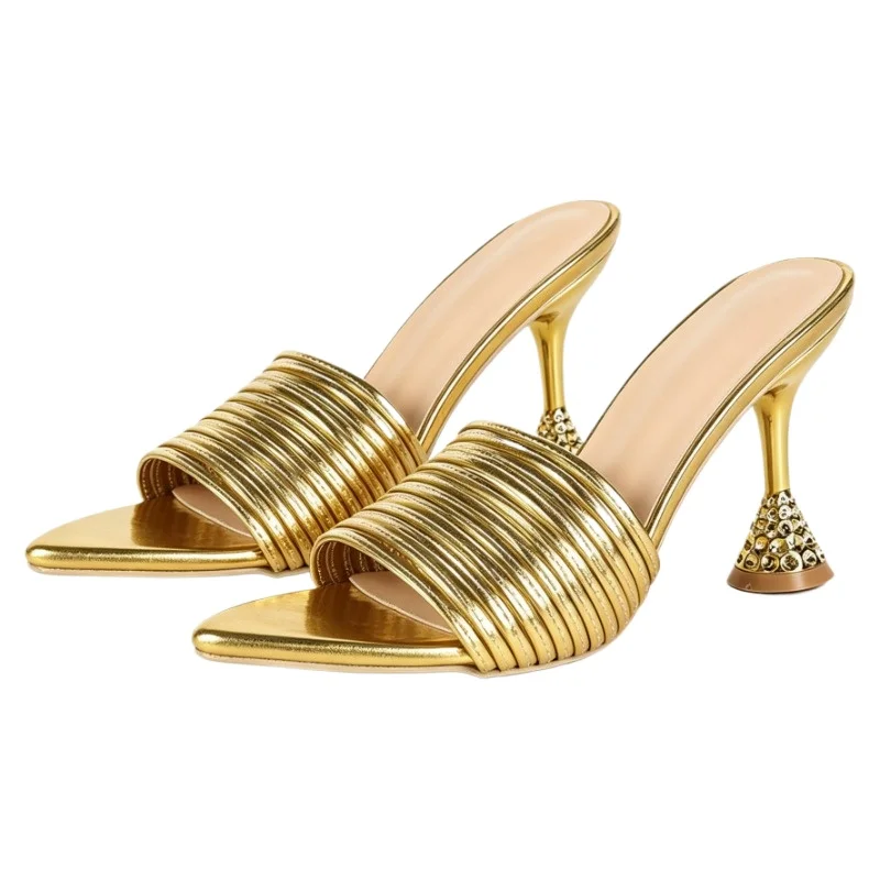 Luxury Crystal Detail Gold High-heeled Sandals Women Fashion Narrow Band Pointed-toe Designer Shoes Sexy Open-toe Slide Sandals
