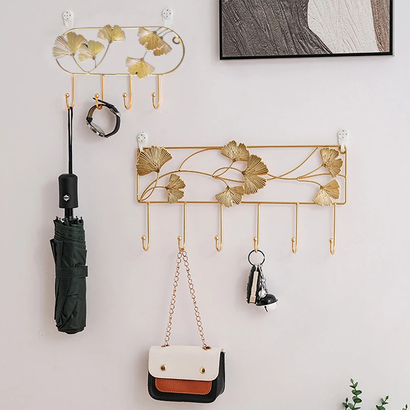 Metal Ginkgo Leaf Hooks Key Holder Wall Mounted Home Decorative Key HolderHanger Organizer Hat Handbag Umbrella Towel Rack