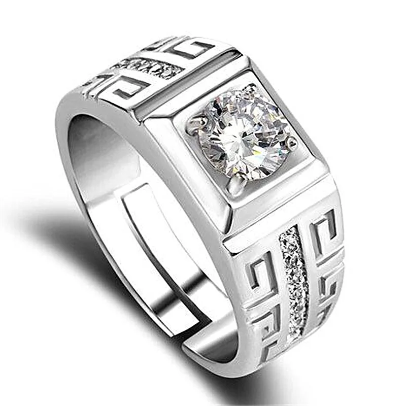 Charmante Silberfarbene Ringe für Männer Glänzende Kristallringe Verstellbare Größe Modische Geschenke Verlobung Hochzeit Hochwertiger Schmuck