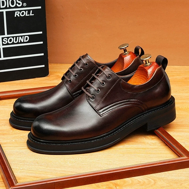 

Leather Dress Derbys Men's Cow Leather Lace Up Elegance Brogues Big Head Round Toe Daily Shoes Business Wedding Footwear