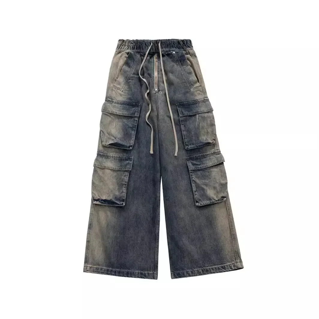 

New Vintage Gradient Multi-pockets Drawstring Jeans for Men Harajuku Streetwear Oversized Baggy Denim Trousers Y2k Men Clothing